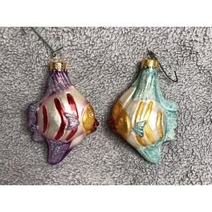 Set of 2 Hand Blown Glass Glitter Tropical‎ Fish Christmas Tree Ornaments